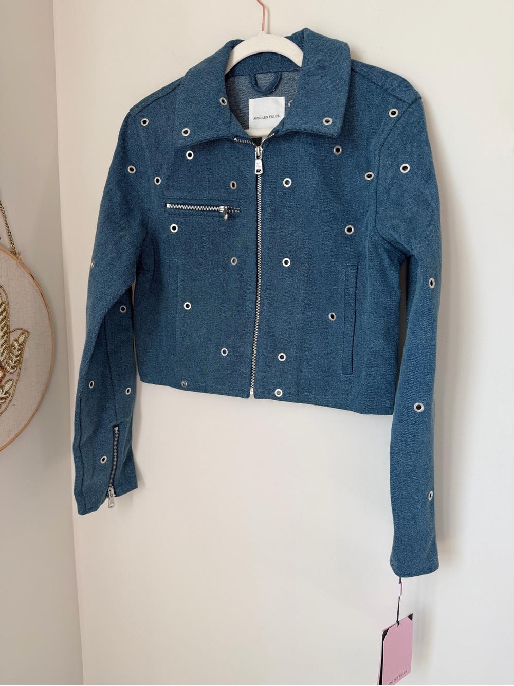 Denim Grommet cotton zip up collared Jacket